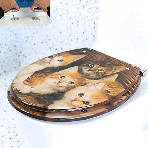 Toilettensitz Standard-Toilettensitze für einfache Reinigung, farbenfrohe Muster, Toilettendeckel, sanftes, langsames Schließen, Stummschalten, Schnellverschluss-Scharniere, Fünf Katzen, Fünf Katzen