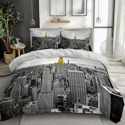Quixora Parure de Lit Housse de Couette Microfibre à Motif Empire State Building, New York pour Les garçons Adolescents 220 x 240 cm et 2 x Taies d'oreiller 65x65 cm, Réversible Gris Clair