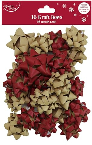 Eurowrap Pack of 16 Brown Kraft Red and Gold Luxury Gift Bows Traditional Christmas Birthday Present Xmas Gift - Eco Friendly - Gift Bows for Christmas - Decorative Bows for Presents