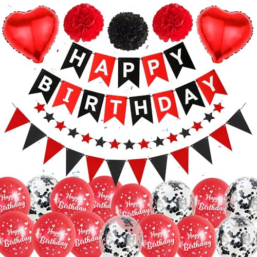 Geburtstagsdeko Luftballons Rot Schwarz Frauen - Happy Birthday Banners mit Wimpel Sternen Girlande Pompons, Konfetti Ballons für Kindergeburtstag Mädchen Junge Männer Geburtstags Deko