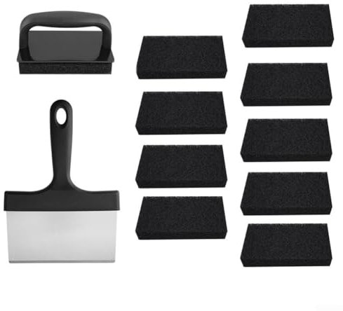 Esenciales de limpieza de plancha, raspador de acero inoxidable con mango cómodo para tapas planas y sartenes (12)