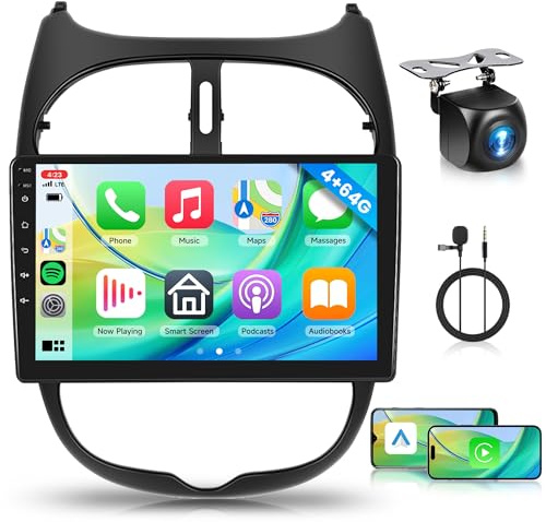4G+64G Android Autoradio pour Peugeot 206 206CC 206SW 2000-2016 Citroen C2 2013-2018 Carplay sans Fil 9 Pouces Radio avec Android Auto Mirror Link GPS Navi Bluetooth WiFi/FM/RDS/EQ Caméra Recul