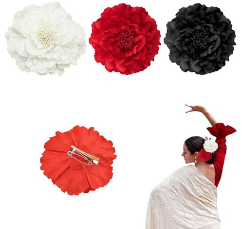Pack 3 | Clips de Pelo de Clavel para Flamenca | Flor Flamenca Pelo | Peineta Flamenca y Accesorios para la Feria de Abril | Sevillana, Boda y Fiesta | Negro, Rojo, blanco