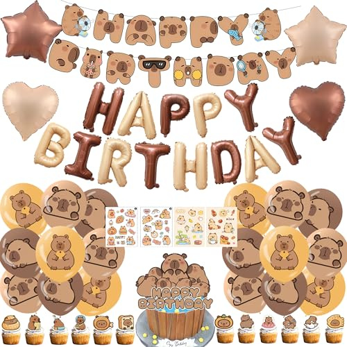 Xietaea Capybara Geburtstag Deko Ballons, Cartoon Tier Geburtstagsdeko | 53 Stück Happy Birthday Girlande Tortendeko, Folienballon und Aufkleber für Kindergeburtstag Party Dekoration