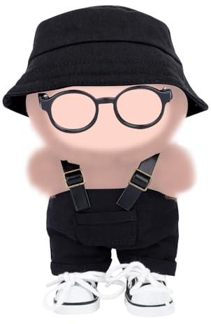 BOXOB 4st Dockklädsel-Set, Stilfull Bucket Hat Förklädesbyxor Skor & Glasögon Komplett Outfit-Set för 15cm/17cm Mjukisdocksaccessoarer (Svart)