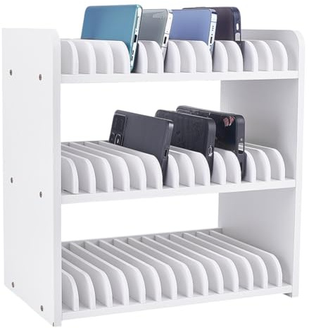 UNICRAFTALE 3-Tier White Wooden Phones Storage 45-Grid Classroom Cell Phone Holder Mobile Phone Desktop Organizer Storages Box Adjustable Multiple Cell Phones Rack Caddy for Classroom