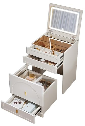 YFSMBD Schminktisch 3 in 1 mit Klappspiegel, LED-Beleuchtung, Sichtbarer Glasplatte,Frisiertisch mit 3 Schubladen,Hocker mit 4 Universalrollen, Kosmetiktisch für Schlafzimmer Kinderzimmer, Weiß, 60cm