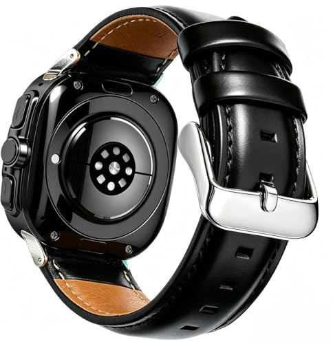 OTOPO Leather Strap Compatible Galaxy Watch 9 8 40mm 44mm/8 Classic 46mm Men Women, No Gaps Genuine Leather Replacement strap with Stainless Steel Buckle for Galaxy Watch 8 Classic Smartwatch Black