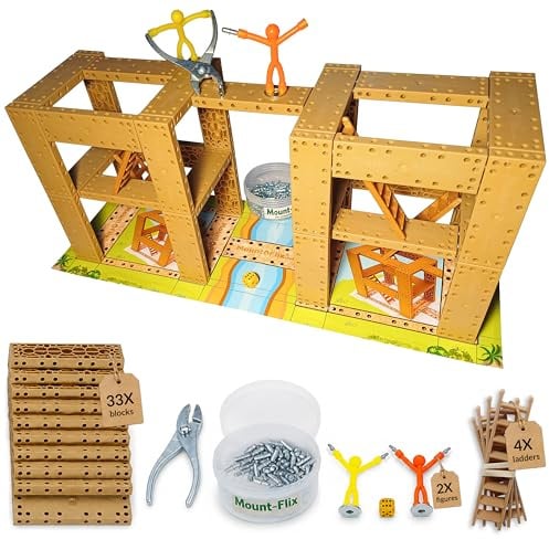 Mount-Flix Baustein-Gesellschaftsspiel mit 33 Steckbausteinen | brettspielartiges Turmbau-Würfelspiel | Konstruktions- & Lernspielzeug ab 5 Jahren | Kinder Geschenk Junge Mädchen | Made in Germany