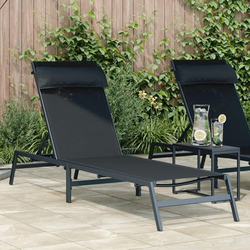 JHQHSM Verstellbare Sonnenliege Schwarz Stahl mit Textilene Einzel Kissen, 5-Positionen Rückenlehne, Wetterbeständige Outdoor Lounge für Terrasse Balkon Poolbereich, Bequeme
