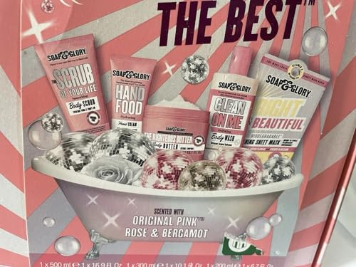 Soap Glory Pinkly the Best 5 Piece Gift Set, Body Wash, Body Scrub, Body Butter, Hand Cream, Sheet Mask, Rose and Bergamot Scented