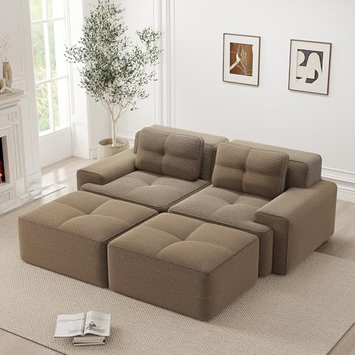 NuvlaGu Boneless 2-Sitzer Sofa mit Tiefem Sitz für Wohnzimmer U-förmiges Sofa bequemes Corduroy-Cloud-Sofa Modulares Sofa mit Ottoman Cloud Modulsofa Modulares Zweisitzer-Sofa Montagefreies Sofa