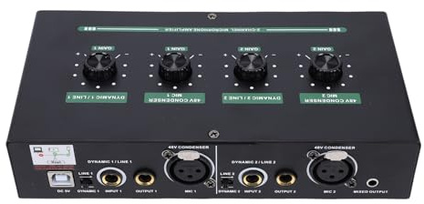 ASHATA Alimentatore a 2 canali, amplificatore miscelatore per microfono a condensatore dinamico in ferro con manopole illuminate multicolore RGB per apparecchiature di registrazione musicale