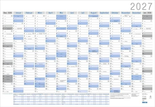 Wandplaner Neutral 2027: Großer Jahresplaner. Wandkalender 2027 zum Eintragen. XXL Büro-Kalender mit Ferienterminen und Feiertagen. 98 x 68 cm