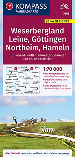 KOMPASS Fahrradkarte 3363 Weserbergland, Leine, Göttingen, Northeim, Hameln 1:70.000: reiß- und wetterfest mit Extra Stadtplänen