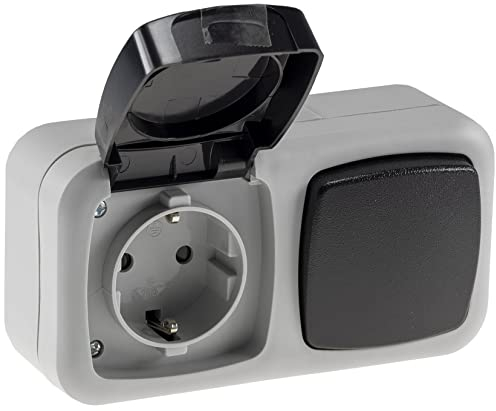 ChiliTec Feuchtraum Steckdose Aufputz mit Schalter 250V IP44 Lichtschalter Schutzkontaktsteckdose mit Klappdeckel Spritzwassergeschützt waagerecht Grau