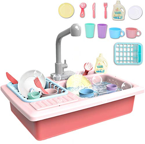 deAO Fregadero Electrónico de Cocina Conjunto de Juguete para Lavar Platos Accesorio de Cocinita Infantil Juegos de Imitación para Niños y Niñas (Rosa)