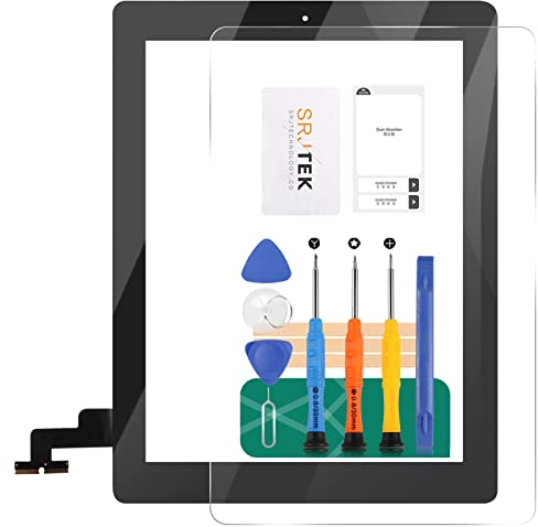 SRJTEK Sostituzione dello Schermo per iPad 2 A1395 A1396 A1397 Kit di Assemblaggio Vetro Digitalizzatore Touch Screen Tasto Home+Supporto per Camerale+Adesivo Preinstallato+Cornice Centrale (Nero)