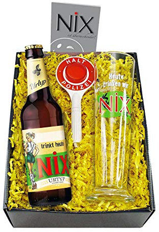 Monsterzeug Nix im Glas, Geschenkset mit Bier, Pilsglas und Polizeikelle, Lustiges Biergeschenk für Männer, Scherzartikel