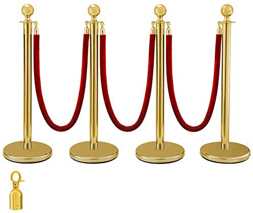 VEVOR Poteau de Separation Poteau de Guidage Corde de Borne en Acier Inoxydable Tête Sphérique et Pilier Doré 3 Cordes de Velours Rouge 4 Poteaux