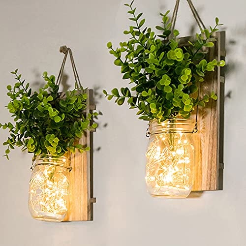 DYBOHF Tarro de masón lámpara de pared, Aplique de madera rústico, LED Lámpara de Decoración, diseño de luces,Planta verde falsa, tira LED para decoración del hogar (2 Paquete) (Plantas verdes)