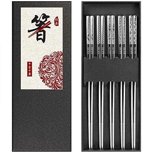 Metal Chopsticks Reusable 18/8 Stainless Steel Chopstick Japanese Korean Style Square Non-Slip Chop Sticks Dishwasher Safe Lightweight Good Grip丨Easy to Use Kitchen Gadgets 5 Pairs Gift Set