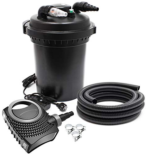 SunSun Komplettset: CPF-500 Teichdruckfilter bis 30000 L mit 18 Watt UV-C Teichklärer, NEO8000 SuperEco Teichpumpe 8000l/h 70W, 10m Teichschlauch 38 mm (1 1/2), Schlauchschellen W1 44-47mm