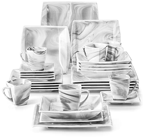 MALACASA Service de vaisselle en porcelaine, gris marbre carré, 30 pièces avec 6 tasses à café, 6 assiettes à dessert, 6 assiettes plates et 6 assiettes creuses pour 6 personnes, série BLANCE