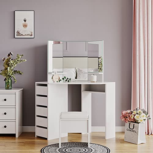 Panana Coiffeuse, Table de Maquillage de Coin en MDF avec 3 Miroirs, 5 Tiroirs, 1 Compatiment et Tabouret pour Chambre, 109 cm (L) x 55 cm (l) x 140 cm (H) (Blanc)