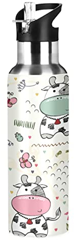 Vnurnrn Niedliche Cartoon-Baby-Kuh Trinkflasche Wasserflasche mit Strohhalm 600ML, Thermosflasche Vakuumisolierte aus Edelstahl 18/8, BPA-frei für Kinder Sport Wandern Schule