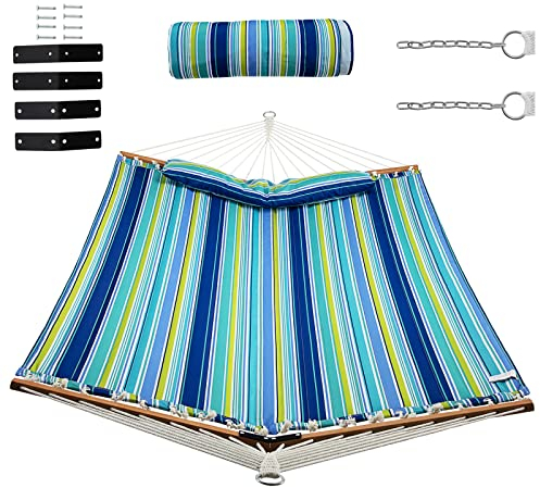 DREAMADE Outdoor Hängematte mit Kissen, Hängeliege 191x141cm, Single Swing Bed, Stabhängematte für 1 Personen, bis zu 150KG belastbar, für Hinterhof, Terrasse, Balkon (Blau+Grün)