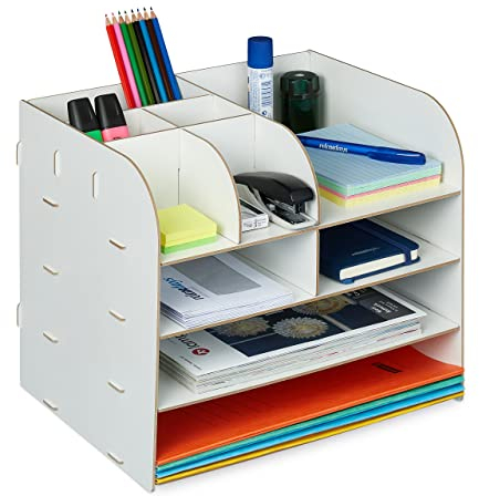 Relaxdays Schreibtisch Organizer mit Dokumentenablage, 10 Fächer, HBT: 27,5 x 32,5 x 25 cm, Büroorganizer MDF, weiß