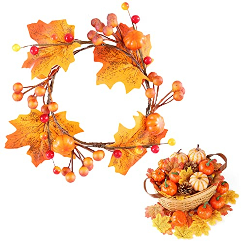 Couronne Automne,Couronne Automne Porte,Couronne Feuilles Automne,Couronne d'automne Artificielle,Feuille d'Erable Citrouille Baie Guirlande pour Automne Halloween Thanksgiving Décoration