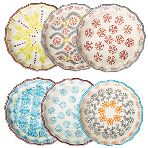 Tranquillo 6er Set Tarteletteform aus Steinzeug mit handgestempeltem Print bunt RETRO, Ø11 x 3 cm