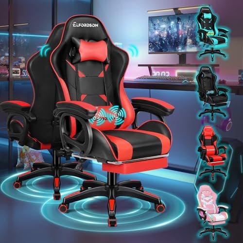 ELFORDSON Gaming Chair with 2-Point Massage Cushion, Computer Chairs for Home Office, Head Pillow High Back 150° Recliner, for Kids Adults, Red and Black