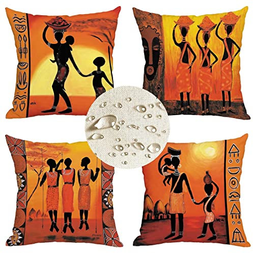 Kissenbezug 50x50cm 4er Set Afrikanische Frauen Deko Kissen Kissenhülle, Beidseitiger Druck Leinen Dekokissen, Outdoor wasserdichte Kissenbezüge groß Sofakissen, deko Schlafzimmer wohnzimmer Sofa A48