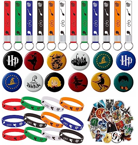 PIUMOJ Harry Birthday Party Bag Set, 12 Silicone Bracelets, 12 Key Chains, 12 Brooches, 50 Stickers, Decorative Bag Set for Boys and Girls Theme Party