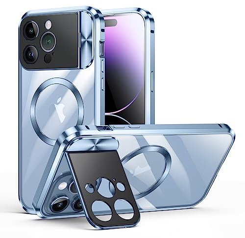 iPhone 14 Pro Max Hülle Doppelseitige Schnalle, Kompatibel mit Magsafe Magnetische Adsorption Metall Bumper mit Kamera-Abdeckung, Ganzkörperschutz Metall Bumper Case (Blau)
