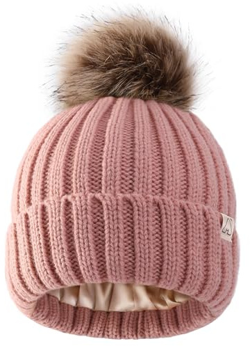 Hat Hut Toddler Beanie Satin Lined Beanie for Baby Winter Hats for Kids Bobble Hat Pom Pom Beanie for Boys Girls