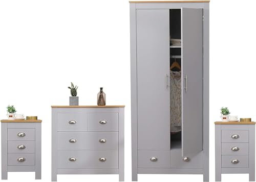 Kingwudo® Wooden Bedroom 4 Pieces Set - 2 Doors Wardrobe, Chest of Drawers, 2 Bedside Tables - Modern Grey Storage Furniture