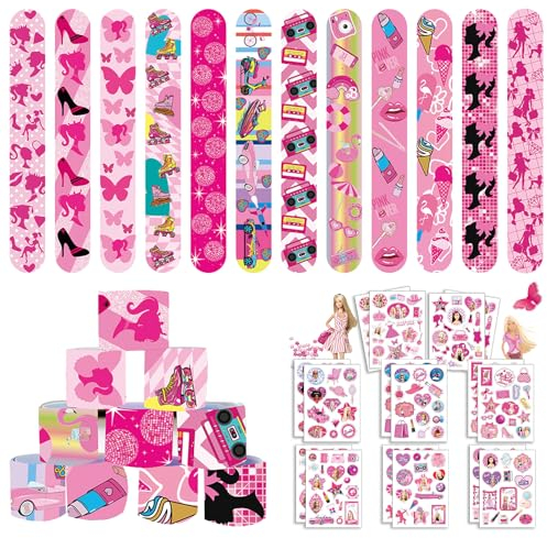 Set Regalo per Feste di Compleanno, 12Pcs Braccialetti Slap per Bambini + 16Pcs Adesivi Impermeabili, Braccialetti a Scatto, Adesivi in Vinile Graffiti, Feste di Compleanno Bomboniere per Bambini