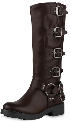 VAN HILL Damen Bikerstiefel Blockabsatz Schnallen Trendy Schuhe 214067 Braun 36
