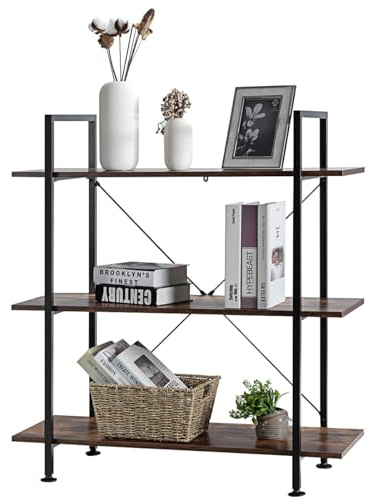 HOMASIS 3 stufiges Regal, Bücherregal aus Holz & Metall, Standregal im Industriellstil, Raumteiler für Wohnzimmer, Schlafzimmer, Arbeitiszimmer, 90 x 36 x 99 cm, Braun & Schwarz