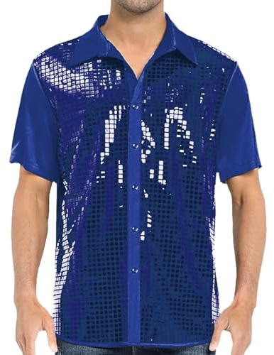Pailletten Hemd Herren Retro Pailletten Hemd Glitzer Hemd 70er 80er Jahre Outfit Glitzerhemd Kurzarm Mode Party Hemd Hippie Lustig Hemd Herren Pailletten Kleid Shirt 70er Disco Party (Blue, XXXL)