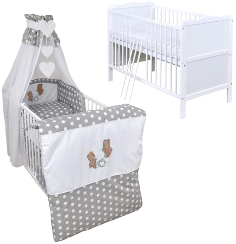 Generisch Baby Delux Babybett Komplett Set 9-TLG Kinderbett umbaubar zum Juniorbett 70x140 Matratze Jack Bettset Chiffonhimmel (Wippe Grey Dots)