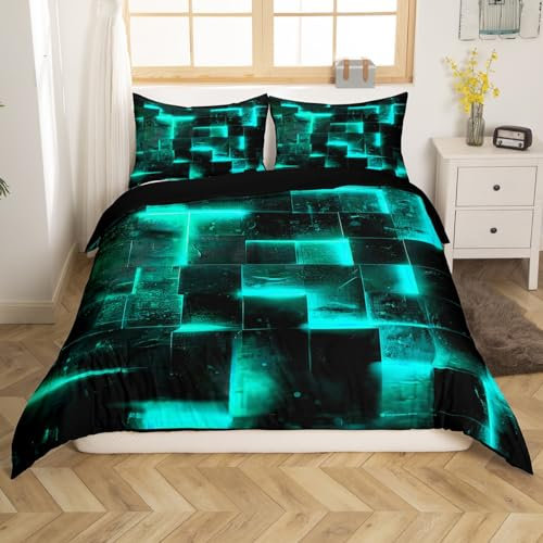 Schwarzes Teal Abstrakte Tröster Abdeckung Gradient Square Bett Set,Geometrie Grid 135x200 Bettbezug Neon Karierte Bettwäsche Set Glühende Plaid Bettbezug Moderne Zimmer Dekor (Schwarz Reversibel)