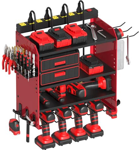 CFMASTER Power Tool Organizer Wall Mount with Charging Station,Tool Battery Holder Built in 8 Outlet Power Strip