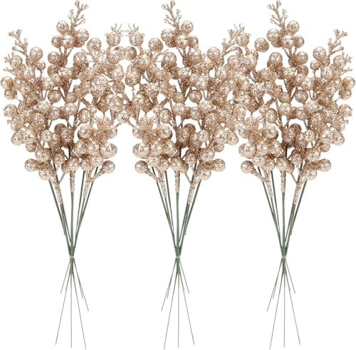 Sea Team 24-Pack Artificial Glitter Holly Berry Twig Ornaments, Decorative Fruit Sticks, Glittery Stems, Picks, Branches for Christmas Tree, Small Vase, Holiday, Wedding, Party, 11-inch, Champagne