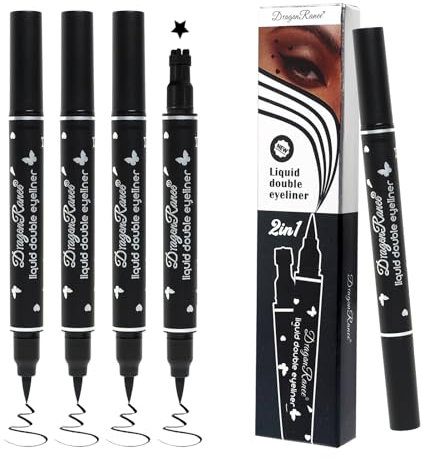 4 Pcs Erinde Doppelseitiger Flüssiger Eyeliner-Bleistift Eyeliner-Stempel Make-up, Schwarz wasserfest Augenstifte mit Filzapplikator und Motivstempel, Eye Liner Schablonen Augen Tattoo Tool