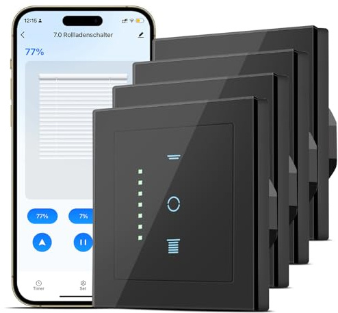 SMARTERCURRY Wlan Rolladenschalter Smart [7 Gen] 80 * 80mm Schwarz 4 Stücke | Smart Home Steuerung der Rollläden/Jalousien/Markisen, Zeitschaltuhr,Kompatibel mit Alexa/Google,Neutralleiter Erforderlich